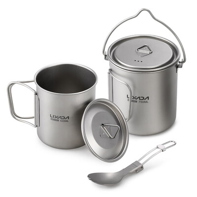 

Lixada Lightweight Titanium 3 Pieces Set Titanium 750ml Pot 420ml Water Cup Mug with Lid Collapsible Handle Folding Spork for Outd