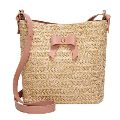 

Women Casual Shoulder Bag Bow Straw Bags Retro Handmade Woven Beach Bucket Bags Summer Holiday Crossbody Bag T30