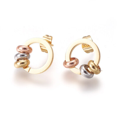 

304 Stainless Steel Stud Earrings Ring Mixed Color 15x13x6mm Pin 1mm