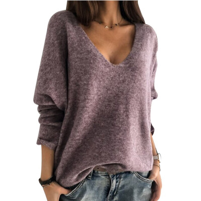 

2019 Autumn Women Fashion Simple Temperament Candy colors Deep V-neck Long sleeve Pullover