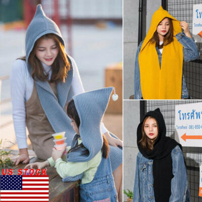 

Women Hooded Long Scarf Mother Winter Warm Knit Hoodie Stole Shawl Hat US
