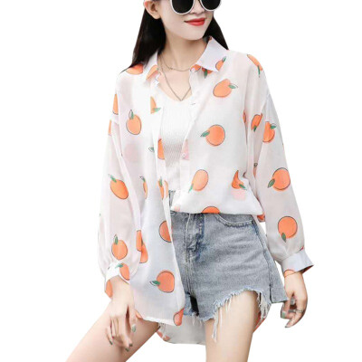 

Ladies Casual Long Sleeve Fruit Print Chiffon Shirt Women Turn-down Collar Outerwear Blouse Tops