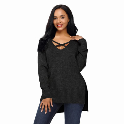 

Deep V-neck cross stitch long sleeve pullover casual knit sweater womens