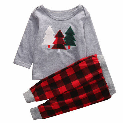 

Toddler Kid Baby Boy Girl Clothes Xmas Tree Tops T Shirt Plaid Pants Outfits Set