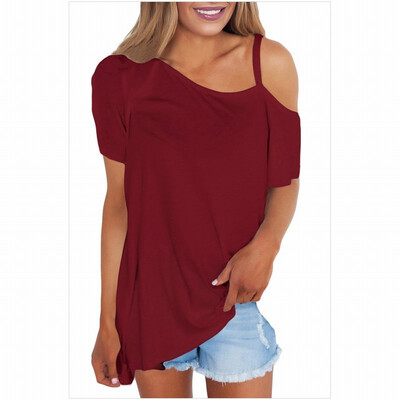 

Unilateral oblique collar short-sleeved solid color loose casual top