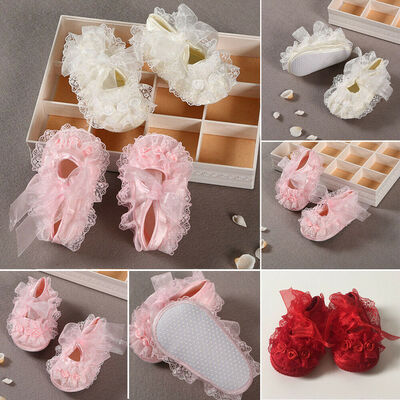 

Newborn Baby Girl Pink Soft Cloth Flower Crib Shoes Bow Anti-Slip Prewalker Shoe