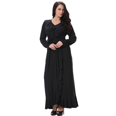 

Sexy Women V Neck Long Sleeves Plus Size Dress Ruffles Irregular Hem Big Size Solid Maxi Dress Black