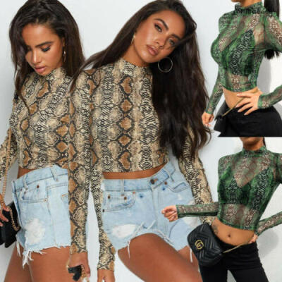 

Women High Neck Snake Print Transparent Mesh Sheer Crop Top Long Sleeve T-Shirt