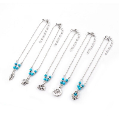 

Synthetic Turquoise Charms Anklets with Tibetan Style Alloy Pendants 304 Stainless Steel Findings&Iron Eye Pin Mixed Shapes