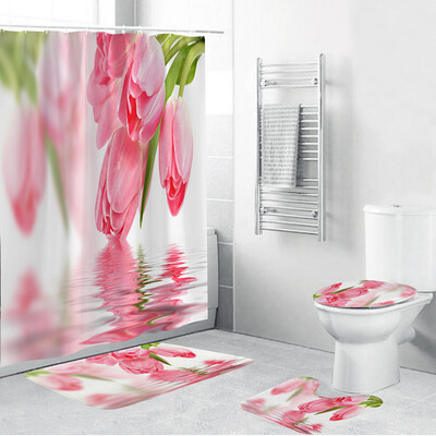 

Gobestart 4PCS Non Slip Toilet Polyester Cover Mat Set Bathroom Shower Curtain