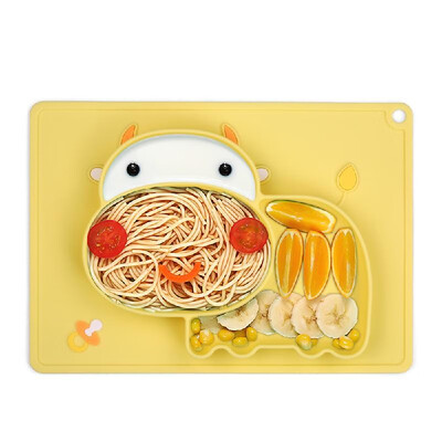 

One-piece Silicone Placemat Cartoon Hippo-shaped Heat-resistant Baby Food Plate Mat with 3 Separated Placement for Toodlers Kids