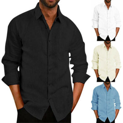 

Men Linen Dress Shirt Long Sleeve Button Down Stylish Casual T-shirt Tops Blouse