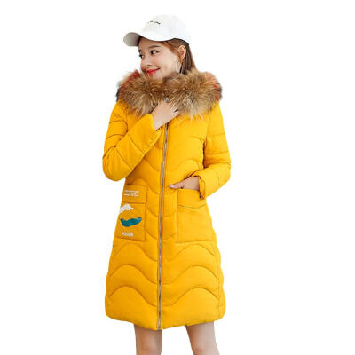 

Warm Women Long Down Coat Fur Collar Hooded Pockets Slim Thicken Jacket