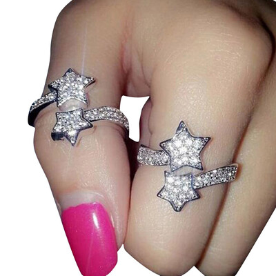 

Popular Ladies Shiny Five-pointed Star Rhinestone Crystals Sliver Finger Ring 1x