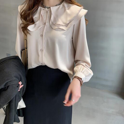 

Womens Long Sleeve Cotton Blouse Crew Neck Solid Loose Button Down Ruffled Tops