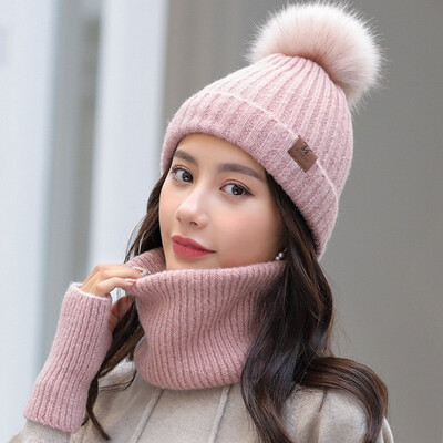

Hat woman winter scarf gloves three-piece Korean version joker style knitted hat warm ear protection lovely woollen hat