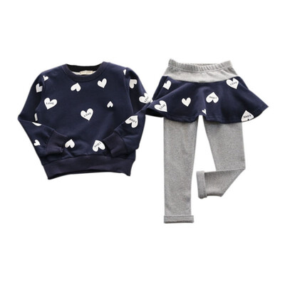 

Baby Girl Cute Cartoon Heart Print Casual Long Sleeve T-shirtPants Skirt 2Pcs Tracksuit Children Clothes Set