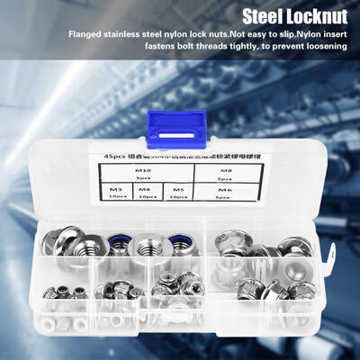 

Greensen 45pcs Flanged Stainless Steel Nylon Insert Locknut Assortment Kit M3 M4 M5 M6 M8 M10