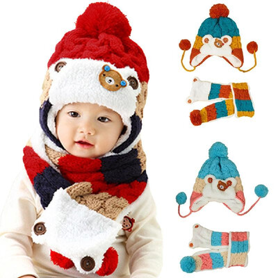 

Cute Winter Kids Girls Boys Kintted Hat Scarf Bear Toddlers Babies Thicken Warm Children Beanie Cap Two-Piece Set