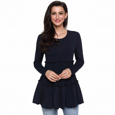 

Solid color round neck long-sleeved dress pendulum three-layer stitching mid-length casual top