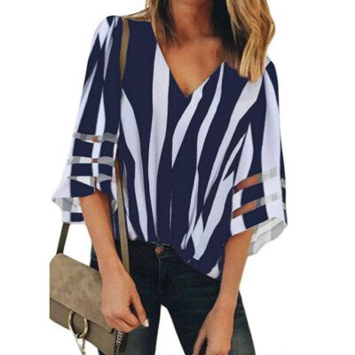 

Womens V-Neck Short Sleeve Striped Casual Blouse Loose Tops Summer T-Shirt NEW