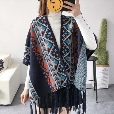 

Bohemian national wind winter shawl scarf dual-use female spring&autumn thick long wool cloak cape coat