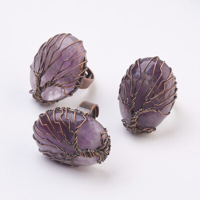 

Natural Amethyst Adjustable Finger Ring Wide Band Rings Egg Size 9 Red Copper 19mm