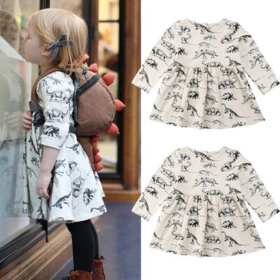 

Toddler Infnat Kids Baby Girl Dress Long Sleeve Dinosaur Dresses Beige Clothes