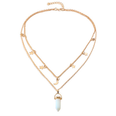 

Fashion Natural Opal Stone Moon Star Choker necklaces for Women Gold Color Double Layer Crystal Pendant Necklace Jewelry