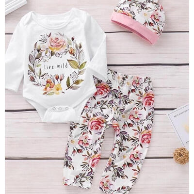 

Newborn Kids Baby Girls Flower Cotton Tops Romper Long Pants Hat Outfits Clothes