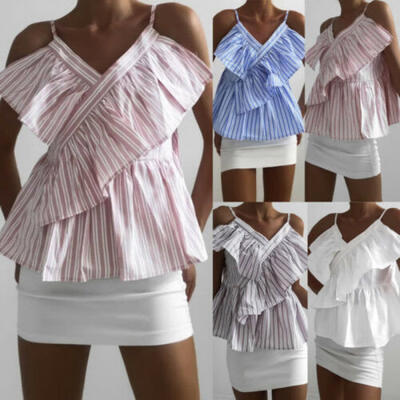 

Womens V Neck Sling Striped Shirt Top Sleeveless Summer Ruffled Frill Blouse
