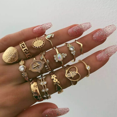 

15 Pcsset Bohemian Retro Crystal Flower Silver Golden Ring Set Geometric Rings Set Women Jewelry Accessories Gift