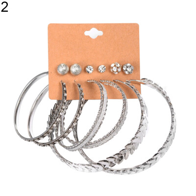 

6 Pairs Women Fashion Rhinestone Circle Ear Hoops Stud Earrings Set Jewelry