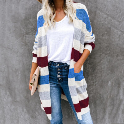 

Roseonmyhand Women Long Sleeve Color Striped Pocket Casual Knitted Outerwear Cardigan Sweater