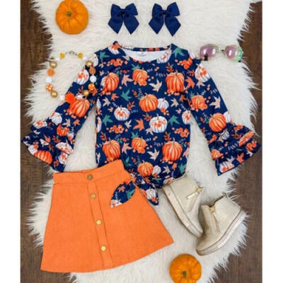 

2pcs Toddler Baby Girls Halloween Clothes Pumpkin TopsSkirts Cotton Outfits Set