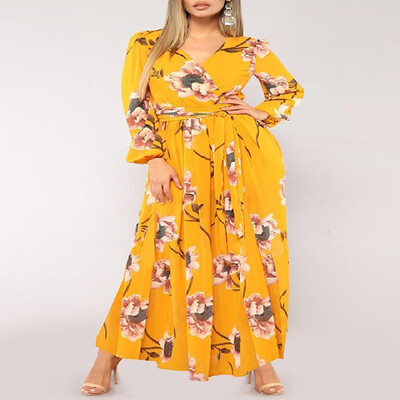 

V-neck Floral Printed Bishop Long Sleeve Strappy Hem Maxi Dress