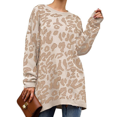 

Winter Women Knitwear Loose Mid Long Casual Euramerican Leopard Print Pullover Knitwear