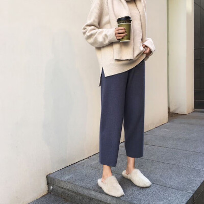 

Autumn Winter Knitted High Waist Casual Pants Loose Solid Straight Femme Trousers