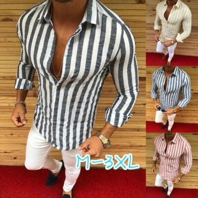 

2018 Mens Striped Business Shirts Long Sleeve Blouse Business Top V-Neck