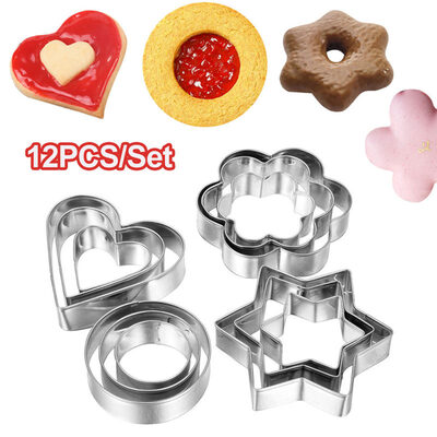 

12Pcs HeartFlowerRoundStar Fondant Cake Cookie Mold Cutter Decorating Tools