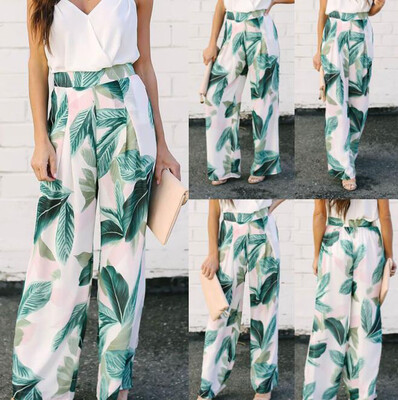 

Women Summer Leaves Printing Drawstring Wide Leg Pants Leggings