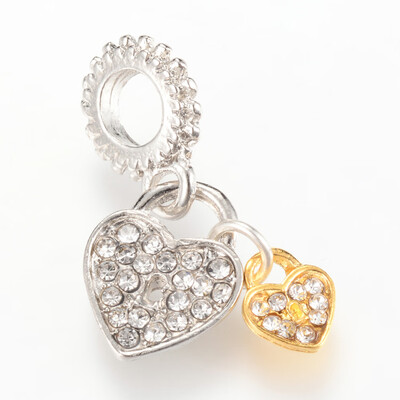 

Alloy European Dangle Beads with Rhinestones Heart Large Hole Pendants Platinum & Golden Crystal 25mm Hole 5mm