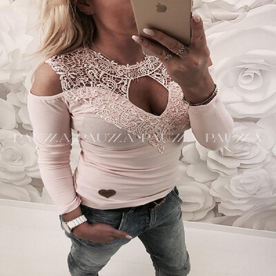 

Ebay AliExpress wish European stand collar lace stitching openwork sexy strapless long-sleeved T-shirt white