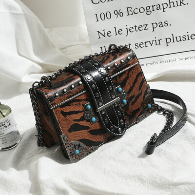 

Tailored Womens Bag Tiger Print Rivet Shoulder Bag Vintage Crossbody Bag