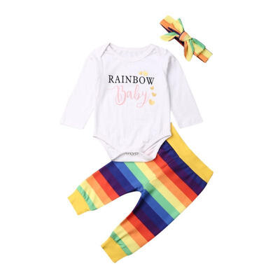 

Rainbow 3PCS Infant Baby Girl Outfits White Cotton Long Sleeve Bodysuits Tops Colored Striped Pants Headband 0-24 Months