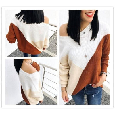 

Fashion Women Soft Casual Loose Color matching Off Shoulder Long Sleeve Round Neck Knit Sweater Pullover Blouse