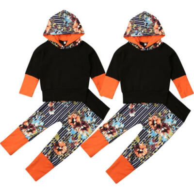 

2PCS Infant Baby Boy Girl Clothes Floral Hooded Tops Pants Tracksuit Outfits UK