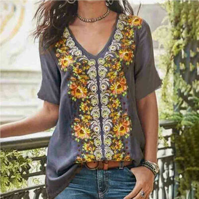 

Women Boho Embroidered Tops T Shirt Short Sleeve Blouse Lady V Neck Loose Shirts