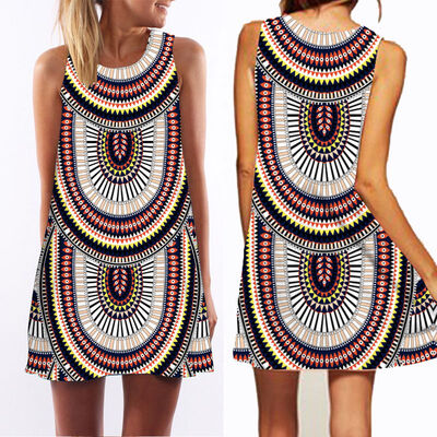 

Womens Boho Floral Sleeveless Ladies Summer Beach Loose Mini Dress Long Top