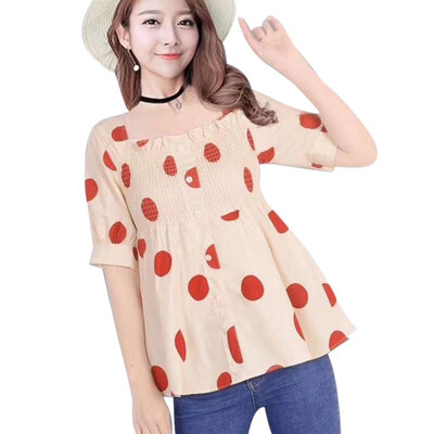 

Women Blouse Fashion Polka Dot Print Short Sleeve Shirt Casual Loose Square Collar Button Ruffles Blouses Basic Tops